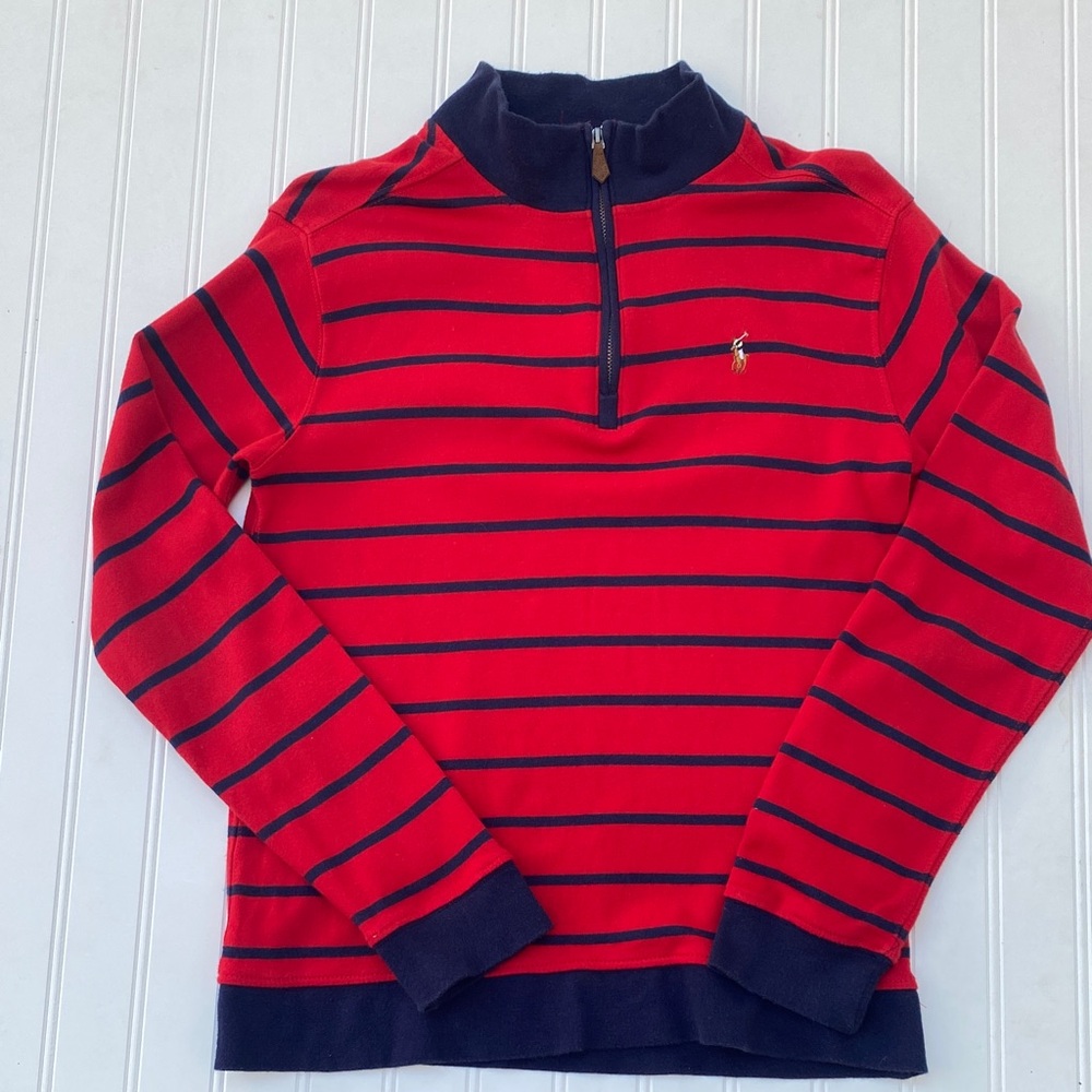 Polo Ralph Lauren Red and Navy Striped Zip-Up Cotton Jersey Sweater